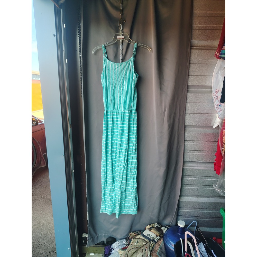 Love Fire Womens Teal White Striped Elastic Waist Maxi Dress Size Small